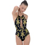 Mexican Culture Golden Tribal Icons Plunge Cut Halter Swimsuit