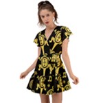 Mexican Culture Golden Tribal Icons Flutter Sleeve Wrap Dress