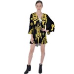 Mexican Culture Golden Tribal Icons V-Neck Flare Sleeve Mini Dress