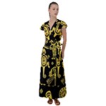 Mexican Culture Golden Tribal Icons Flutter Sleeve Maxi Dress