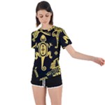 Mexican Culture Golden Tribal Icons Asymmetrical Short Sleeve Sports T-Shirt
