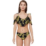 Mexican Culture Golden Tribal Icons Ruffle Edge Tie Up Bikini Set	