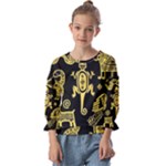 Mexican Culture Golden Tribal Icons Kids  Cuff Sleeve Top