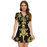 Mexican Culture Golden Tribal Icons V-Neck High Waist Chiffon Mini Dress