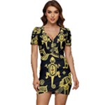 Mexican Culture Golden Tribal Icons Low Cut Cap Sleeve Mini Dress