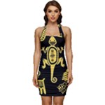 Mexican Culture Golden Tribal Icons Sleeveless Wide Square Neckline Ruched Bodycon Dress