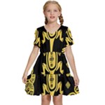Mexican Culture Golden Tribal Icons Kids  Short Sleeve Tiered Mini Dress