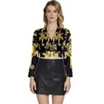 Mexican Culture Golden Tribal Icons Long Sleeve Tie Back Satin Wrap Top