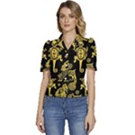 Mexican Culture Golden Tribal Icons Puffed Short Sleeve Button Up Jacket