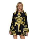 Mexican Culture Golden Tribal Icons Round Neck Long Sleeve Bohemian Style Chiffon Mini Dress