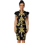 Mexican Culture Golden Tribal Icons Vintage Frill Sleeve V-Neck Bodycon Dress
