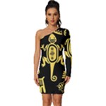 Mexican Culture Golden Tribal Icons Long Sleeve One Shoulder Mini Dress