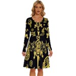 Mexican Culture Golden Tribal Icons Long Sleeve Dress With Pocket
