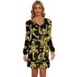 Mexican Culture Golden Tribal Icons Long Sleeve Waist Tie Ruffle Velvet Dress