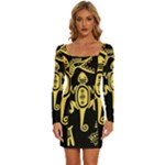 Mexican Culture Golden Tribal Icons Long Sleeve Square Neck Bodycon Velvet Dress