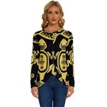 Mexican Culture Golden Tribal Icons Long Sleeve Crew Neck Pullover Top