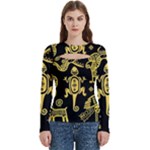Mexican Culture Golden Tribal Icons Women s Cut Out Long Sleeve T-Shirt