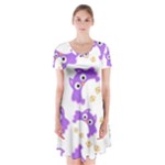 Purple Owl Pattern Background Short Sleeve V-neck Flare Dress