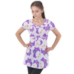 Purple Owl Pattern Background Puff Sleeve Tunic Top
