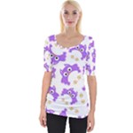 Purple Owl Pattern Background Wide Neckline T-Shirt