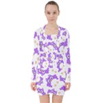 Purple Owl Pattern Background V-neck Bodycon Long Sleeve Dress
