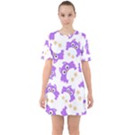 Purple Owl Pattern Background Sixties Short Sleeve Mini Dress
