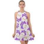 Purple Owl Pattern Background Halter Tie Back Chiffon Dress