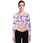 Purple Owl Pattern Background Velvet Long Sleeve Crop Top
