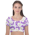 Purple Owl Pattern Background Velvet Short Sleeve Crop Top 