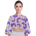 Purple Owl Pattern Background Tie Back Butterfly Sleeve Chiffon Top