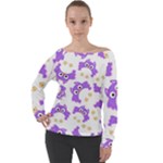 Purple Owl Pattern Background Off Shoulder Long Sleeve Velour Top
