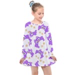 Purple Owl Pattern Background Kids  Long Sleeve Dress