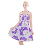 Purple Owl Pattern Background Halter Party Swing Dress 