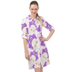Purple Owl Pattern Background Long Sleeve Mini Shirt Dress