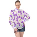 Purple Owl Pattern Background High Neck Long Sleeve Chiffon Top