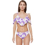 Purple Owl Pattern Background Ruffle Edge Tie Up Bikini Set	