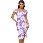 Purple Owl Pattern Background Off Shoulder Ruffle Split Hem Bodycon Dress