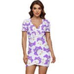 Purple Owl Pattern Background Low Cut Cap Sleeve Mini Dress