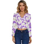 Purple Owl Pattern Background Long Sleeve V-Neck Top