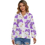 Purple Owl Pattern Background Women s Long Sleeve Button Up Shirt