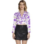 Purple Owl Pattern Background Long Sleeve Tie Back Satin Wrap Top