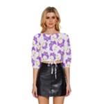 Purple Owl Pattern Background Mid Sleeve Drawstring Hem Top