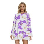 Purple Owl Pattern Background Round Neck Long Sleeve Bohemian Style Chiffon Mini Dress