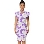 Purple Owl Pattern Background Vintage Frill Sleeve V-Neck Bodycon Dress