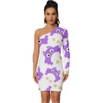 Purple Owl Pattern Background Long Sleeve One Shoulder Mini Dress