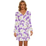 Purple Owl Pattern Background Long Sleeve Waist Tie Ruffle Velvet Dress
