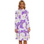 Purple Owl Pattern Background Long Sleeve Shirt Collar A-Line Dress