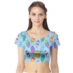 Cute Kawaii Ice Cream Seamless Pattern Short Sleeve Crop Top