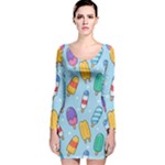 Cute Kawaii Ice Cream Seamless Pattern Long Sleeve Velvet Bodycon Dress