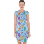 Cute Kawaii Ice Cream Seamless Pattern Capsleeve Drawstring Dress 